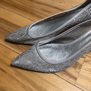 Light gray lace silver kitten heel